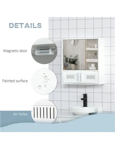 kleankin Bathroom Mirror Cabinet, Wall Mounted Storage Cupboard with Double Doors and Adjustable Shelf, Bathroom Organizer, Whit