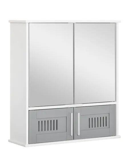 kleankin Bathroom Mirror Cabinet, Wall Mounted Storage Cupboard with Double Doors and Adjustable Shelf, Bathroom Organizer, Grey