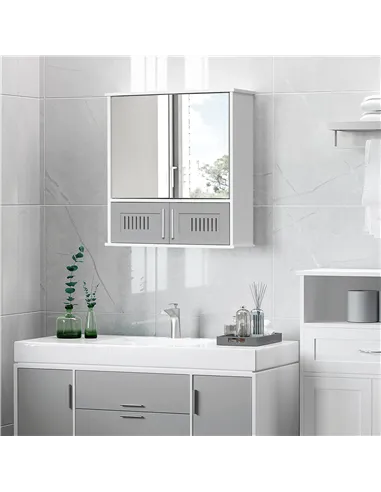 kleankin Bathroom Mirror Cabinet, Wall Mounted Storage Cupboard with Double Doors and Adjustable Shelf, Bathroom Organizer, Grey