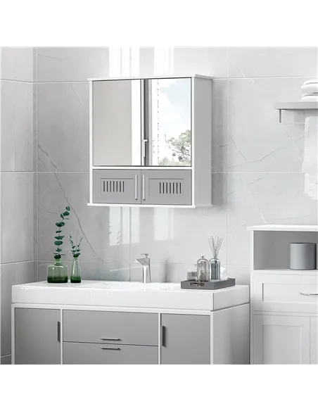 kleankin Bathroom Mirror Cabinet, Wall Mounted Storage Cupboard with Double Doors and Adjustable Shelf, Bathroom Organizer, Grey