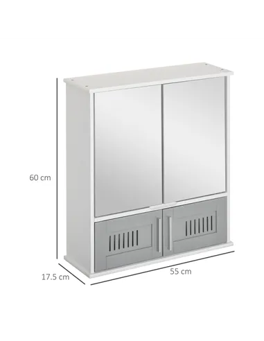 kleankin Bathroom Mirror Cabinet, Wall Mounted Storage Cupboard with Double Doors and Adjustable Shelf, Bathroom Organizer, Grey