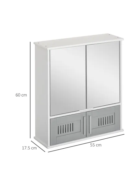 kleankin Bathroom Mirror Cabinet, Wall Mounted Storage Cupboard with Double Doors and Adjustable Shelf, Bathroom Organizer, Grey