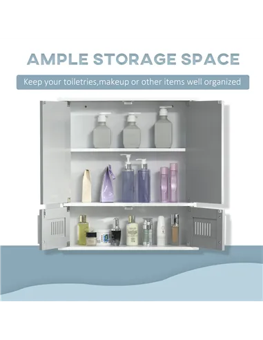 kleankin Bathroom Mirror Cabinet, Wall Mounted Storage Cupboard with Double Doors and Adjustable Shelf, Bathroom Organizer, Grey