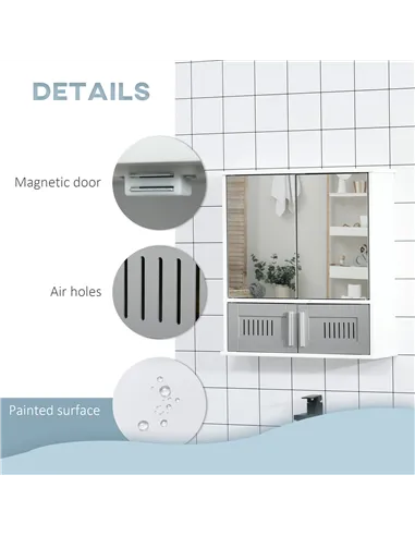 kleankin Bathroom Mirror Cabinet, Wall Mounted Storage Cupboard with Double Doors and Adjustable Shelf, Bathroom Organizer, Grey