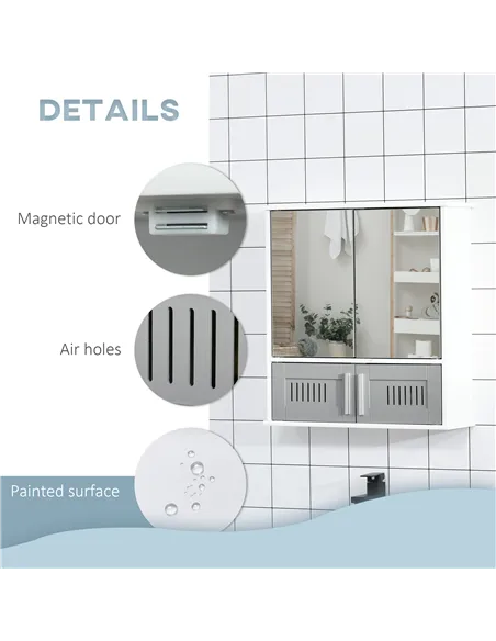 kleankin Bathroom Mirror Cabinet, Wall Mounted Storage Cupboard with Double Doors and Adjustable Shelf, Bathroom Organizer, Grey