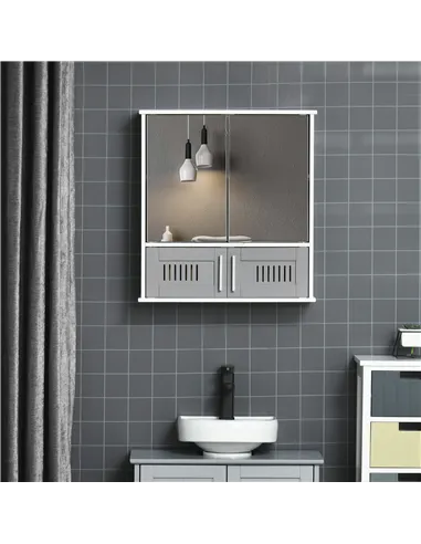 kleankin Bathroom Mirror Cabinet, Wall Mounted Storage Cupboard with Double Doors and Adjustable Shelf, Bathroom Organizer, Grey