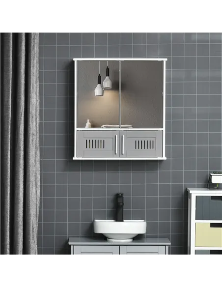 kleankin Bathroom Mirror Cabinet, Wall Mounted Storage Cupboard with Double Doors and Adjustable Shelf, Bathroom Organizer, Grey