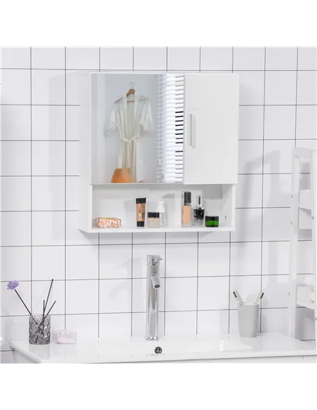 kleankin Bathroom Mirror Cabinet, Wall Mounted Storage Cupboard Organizer with Double Doors and Adjustable Shelf, White