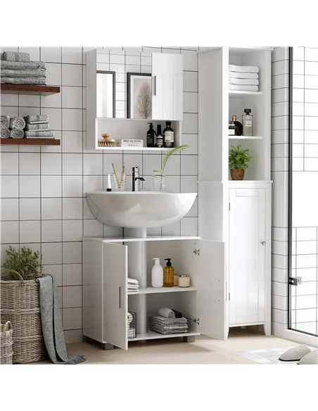 kleankin Bathroom Mirror Cabinet, Wall Mounted Storage Cupboard Organizer with Double Doors and Adjustable Shelf, White