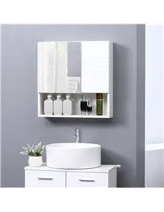 kleankin Bathroom Mirror Cabinet Wall-Mounted Storage w/ Double Door Adjustable Shelf - White 2