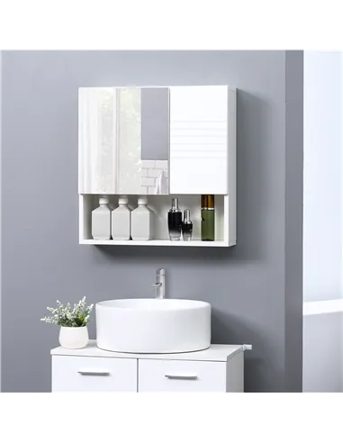 kleankin Bathroom Mirror Cabinet Wall-Mounted Storage w/ Double Door Adjustable Shelf - White