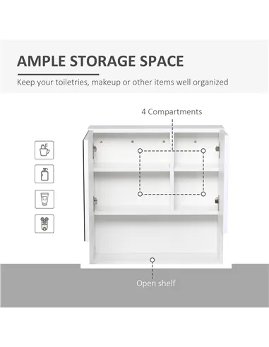 kleankin Bathroom Mirror Cabinet Wall-Mounted Storage w/ Double Door Adjustable Shelf - White