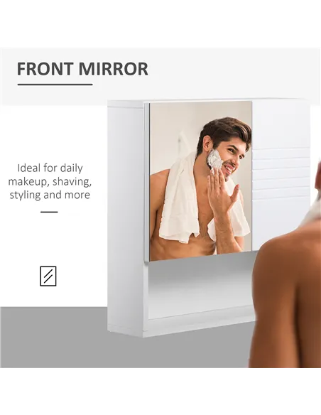 kleankin Bathroom Mirror Cabinet Wall-Mounted Storage w/ Double Door Adjustable Shelf - White