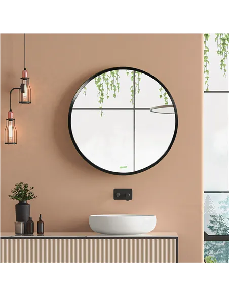 kleankin Round Bathroom Mirror, Modern Wall-mounted Makeup Mirror with Aluminium Frame for Washroom Living Room, Black, 40x40 cm