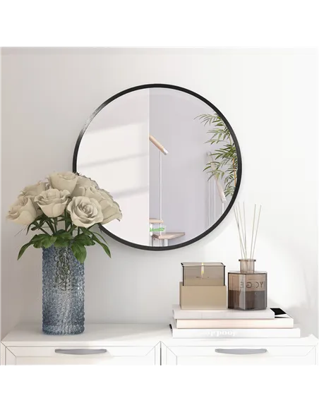 kleankin Round Bathroom Mirror, Modern Wall-mounted Makeup Mirror with Aluminium Frame for Washroom Living Room, Black, 40x40 cm