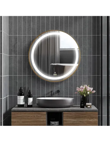 kleankin Round LED Bathroom Mirror, Dimmable Lighted Wall Mount Mirror with 3 Colours, Time Display, Memory Function, Hardwired