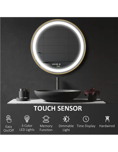 kleankin Round LED Bathroom Mirror, Dimmable Lighted Wall Mount Mirror with 3 Colours, Time Display, Memory Function, Hardwired