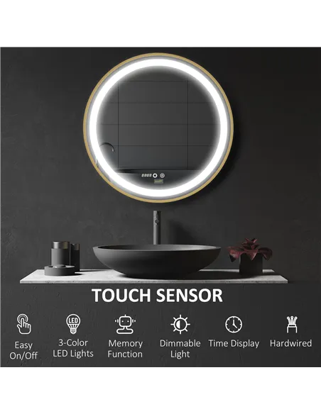 kleankin Round LED Bathroom Mirror, Dimmable Lighted Wall Mount Mirror with 3 Colours, Time Display, Memory Function, Hardwired
