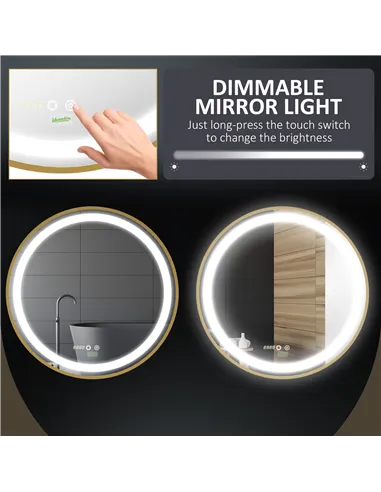 kleankin Round LED Bathroom Mirror, Dimmable Lighted Wall Mount Mirror with 3 Colours, Time Display, Memory Function, Hardwired