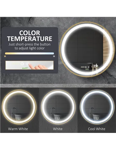 kleankin Round LED Bathroom Mirror, Dimmable Lighted Wall Mount Mirror with 3 Colours, Time Display, Memory Function, Hardwired