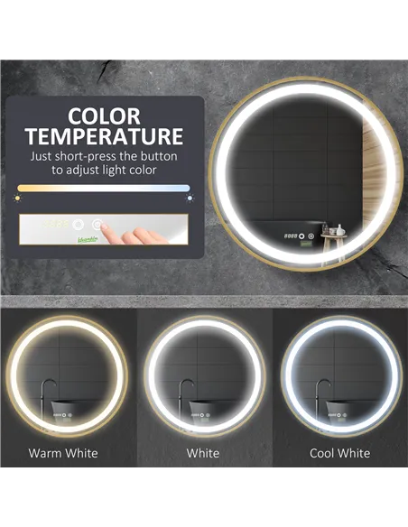 kleankin Round LED Bathroom Mirror, Dimmable Lighted Wall Mount Mirror with 3 Colours, Time Display, Memory Function, Hardwired
