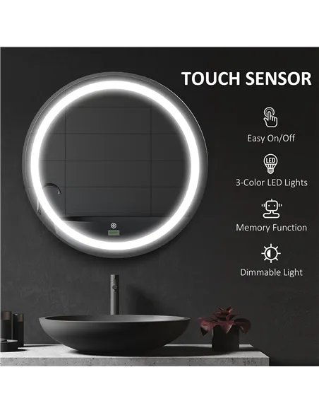 kleankin Round LED Bathroom Mirror, Dimmable Lighted Wall-Mounted Mirror with 3 Temperature Colours, Memory Function, Hardwired