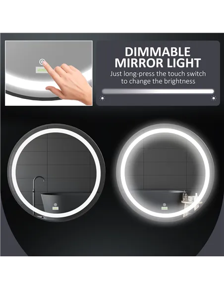 kleankin Round LED Bathroom Mirror, Dimmable Lighted Wall-Mounted Mirror with 3 Temperature Colours, Memory Function, Hardwired