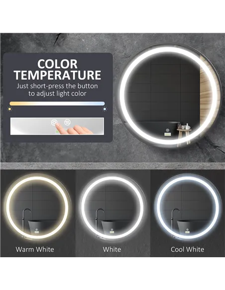kleankin Round LED Bathroom Mirror, Dimmable Lighted Wall-Mounted Mirror with 3 Temperature Colours, Memory Function, Hardwired