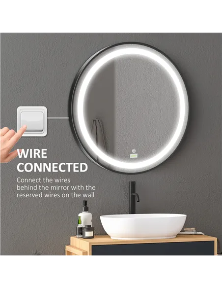 kleankin Round LED Bathroom Mirror, Dimmable Lighted Wall-Mounted Mirror with 3 Temperature Colours, Memory Function, Hardwired