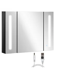 kleankin LED Bathroom Cabinet with Mirror, Wall Mounted Dimmable Brightness Storage Organiser with 3 Mirrored Doors and Adjustab