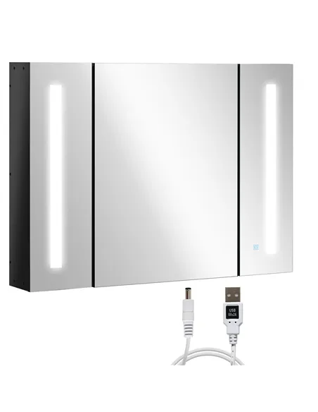 kleankin LED Bathroom Cabinet with Mirror, Wall Mounted Dimmable Brightness Storage Organiser with 3 Mirrored Doors and Adjustab
