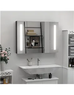 kleankin LED Bathroom Cabinet with Mirror, Wall Mounted Dimmable Brightness Storage Organiser with 3 Mirrored Doors and Adjustab 2