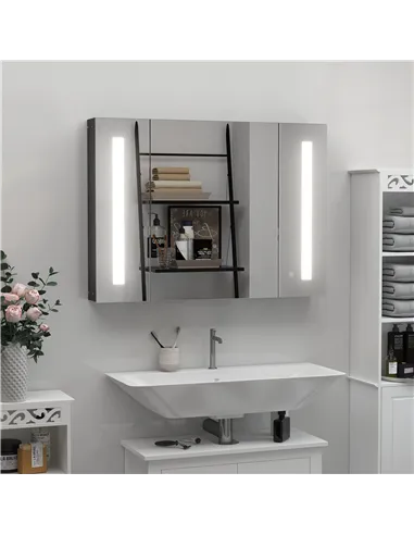 kleankin LED Bathroom Cabinet with Mirror, Wall Mounted Dimmable Brightness Storage Organiser with 3 Mirrored Doors and Adjustab