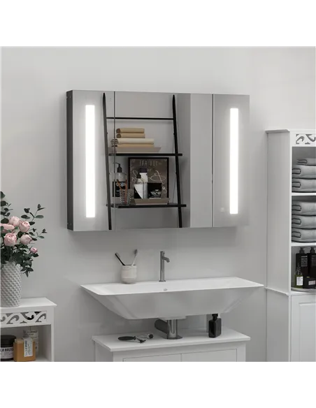 kleankin LED Bathroom Cabinet with Mirror, Wall Mounted Dimmable Brightness Storage Organiser with 3 Mirrored Doors and Adjustab