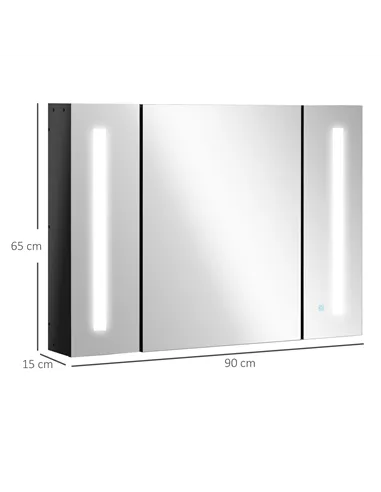 kleankin LED Bathroom Cabinet with Mirror, Wall Mounted Dimmable Brightness Storage Organiser with 3 Mirrored Doors and Adjustab