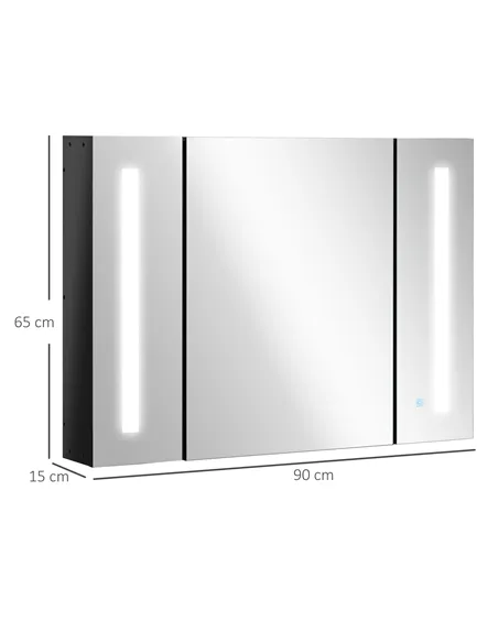 kleankin LED Bathroom Cabinet with Mirror, Wall Mounted Dimmable Brightness Storage Organiser with 3 Mirrored Doors and Adjustab