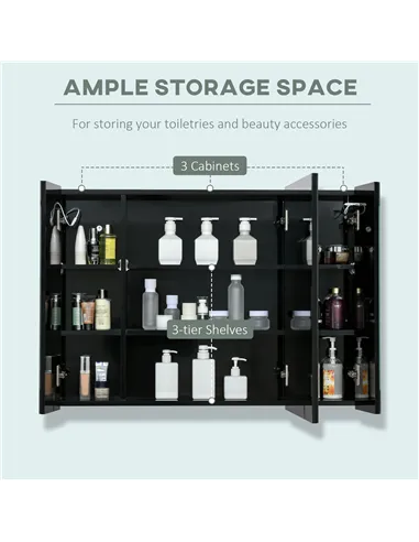 kleankin LED Bathroom Cabinet with Mirror, Wall Mounted Dimmable Brightness Storage Organiser with 3 Mirrored Doors and Adjustab