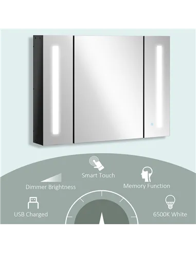 kleankin LED Bathroom Cabinet with Mirror, Wall Mounted Dimmable Brightness Storage Organiser with 3 Mirrored Doors and Adjustab