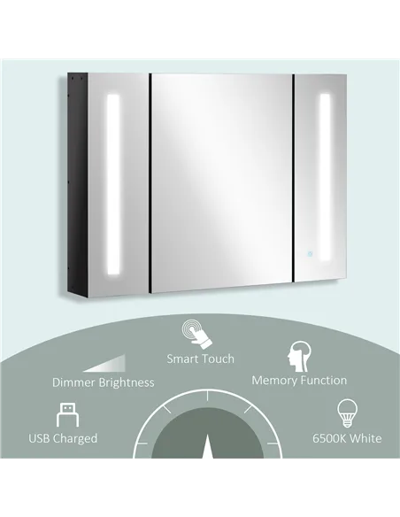 kleankin LED Bathroom Cabinet with Mirror, Wall Mounted Dimmable Brightness Storage Organiser with 3 Mirrored Doors and Adjustab