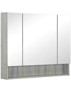kleankin Bathroom Mirror Cabinet, Wall Mounted Storage Cabinet with Adjustable Shelves, 3 Doors and Cupboards, Grey