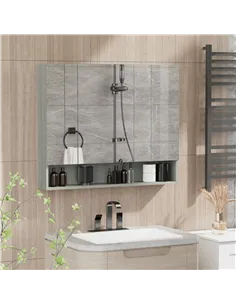 kleankin Bathroom Mirror Cabinet, Wall Mounted Storage Cabinet with Adjustable Shelves, 3 Doors and Cupboards, Grey 2