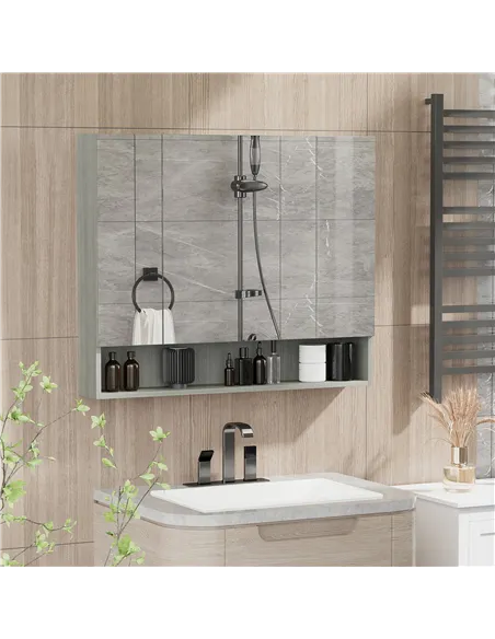 kleankin Bathroom Mirror Cabinet, Wall Mounted Storage Cabinet with Adjustable Shelves, 3 Doors and Cupboards, Grey