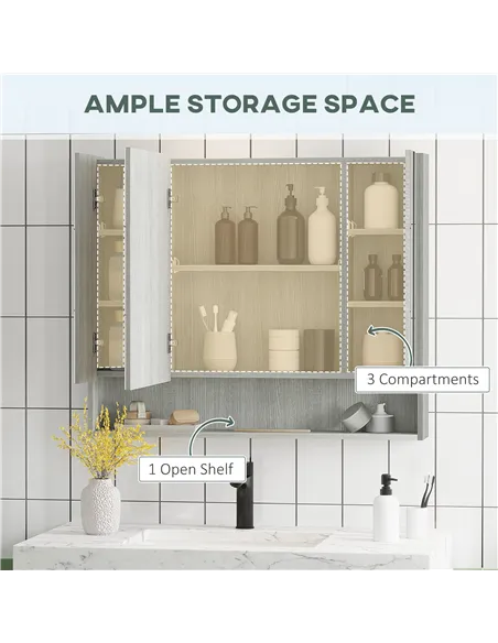 kleankin Bathroom Mirror Cabinet, Wall Mounted Storage Cabinet with Adjustable Shelves, 3 Doors and Cupboards, Grey