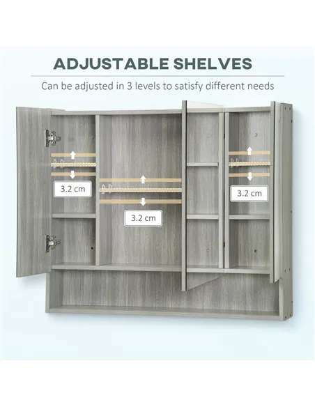 kleankin Bathroom Mirror Cabinet, Wall Mounted Storage Cabinet with Adjustable Shelves, 3 Doors and Cupboards, Grey