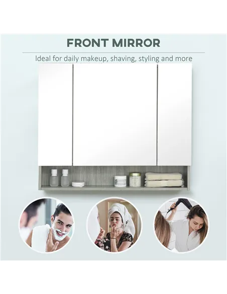 kleankin Bathroom Mirror Cabinet, Wall Mounted Storage Cabinet with Adjustable Shelves, 3 Doors and Cupboards, Grey