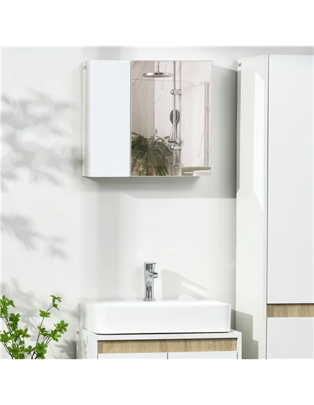 kleankin Bathroom Cabinet with Mirror, Double Door Wall Mounted Storage Cupboard Organizer with Adjustable Shelves, White