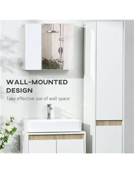 kleankin Bathroom Cabinet with Mirror, Double Door Wall Mounted Storage Cupboard Organizer with Adjustable Shelves, White