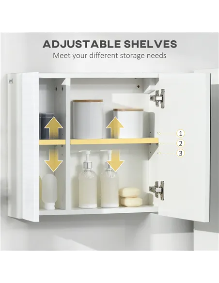 kleankin Bathroom Cabinet with Mirror, Double Door Wall Mounted Storage Cupboard Organizer with Adjustable Shelves, White