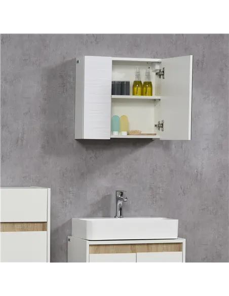 kleankin Bathroom Cabinet with Mirror, Double Door Wall Mounted Storage Cupboard Organizer with Adjustable Shelves, White