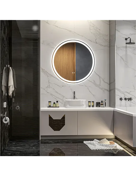 kleankin Round Bathroom Mirror with LED Lights, Wall Mount Dimmable Makeup Mirror with 3 Temperature Colours, Defogging Film and